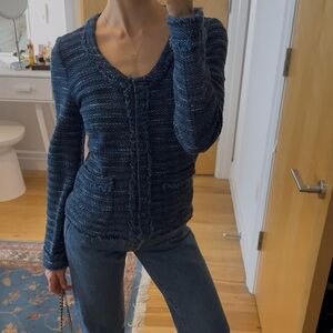 Blue Textured Tweed Jacket Blazer Open Front Fringe Trim Cotton Blend Size M